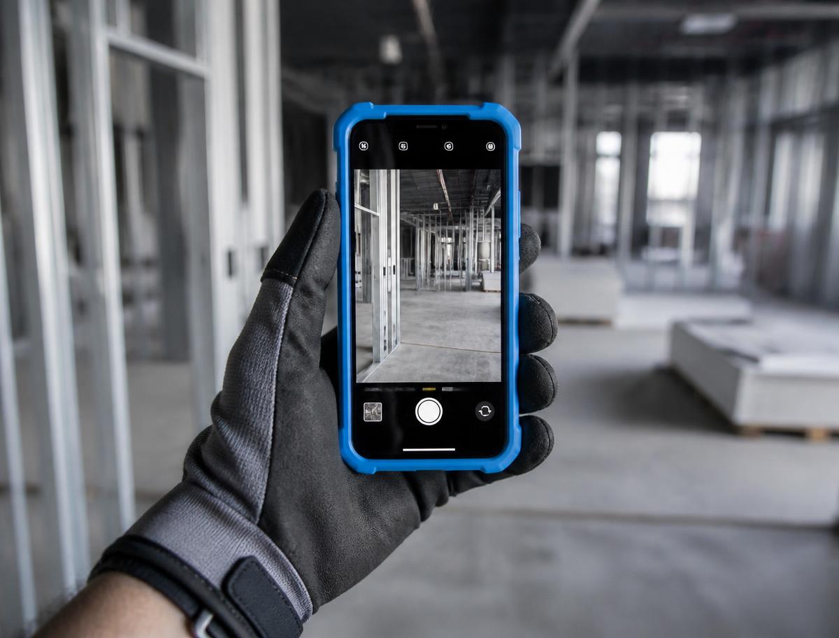 Gloved hand holding a camera device in a bright blue protective case inside an unfinished building