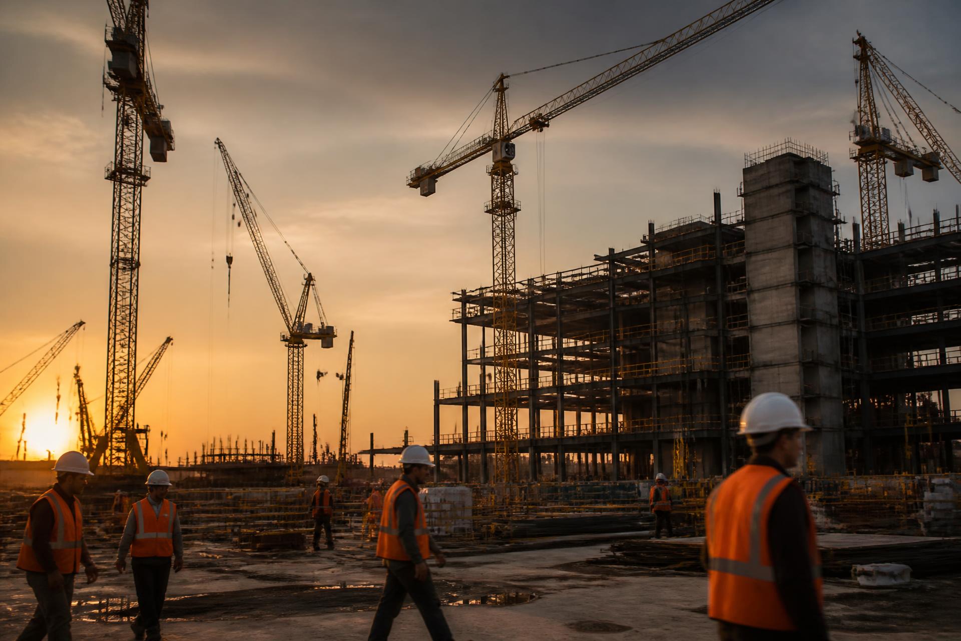 Commercial construction site at golden hour with tower cranes and workers