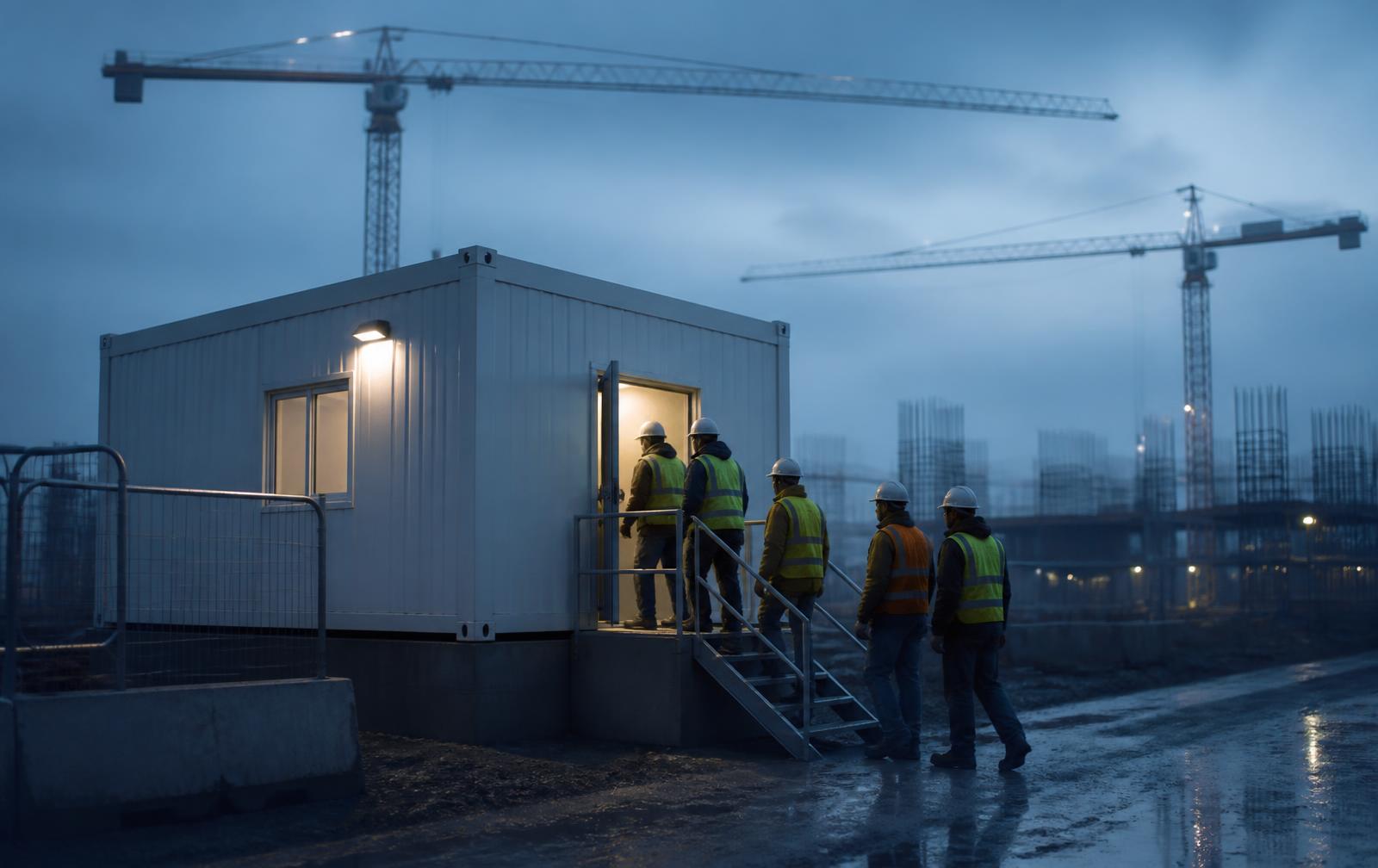 White modular operations unit at a construction site entrance at dawn with workers in hi-vis approaching the lit door