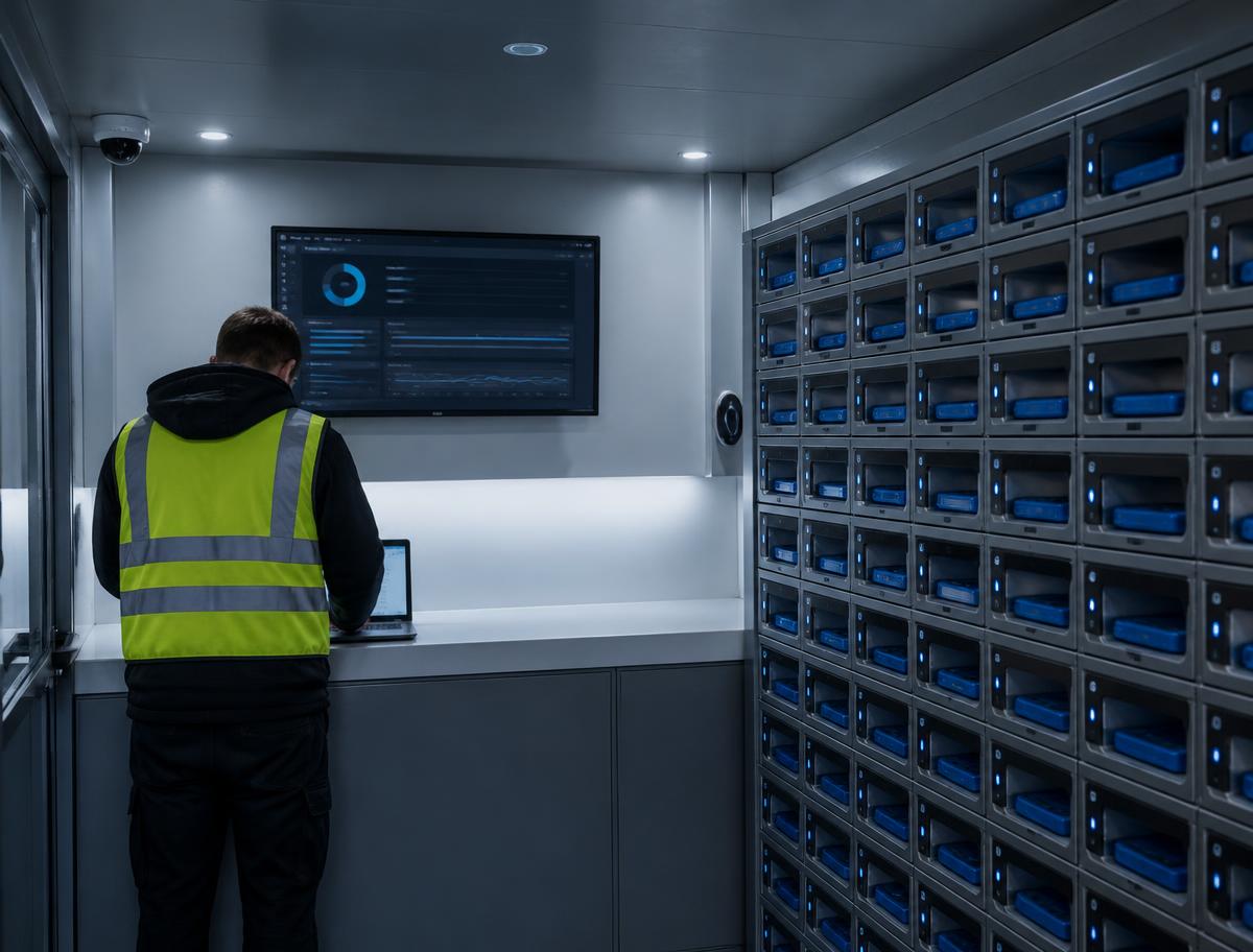 Interior of a compact operations center with a counter, wall of lockers, dashboard monitor, and an attendant in hi-vis seen from behind